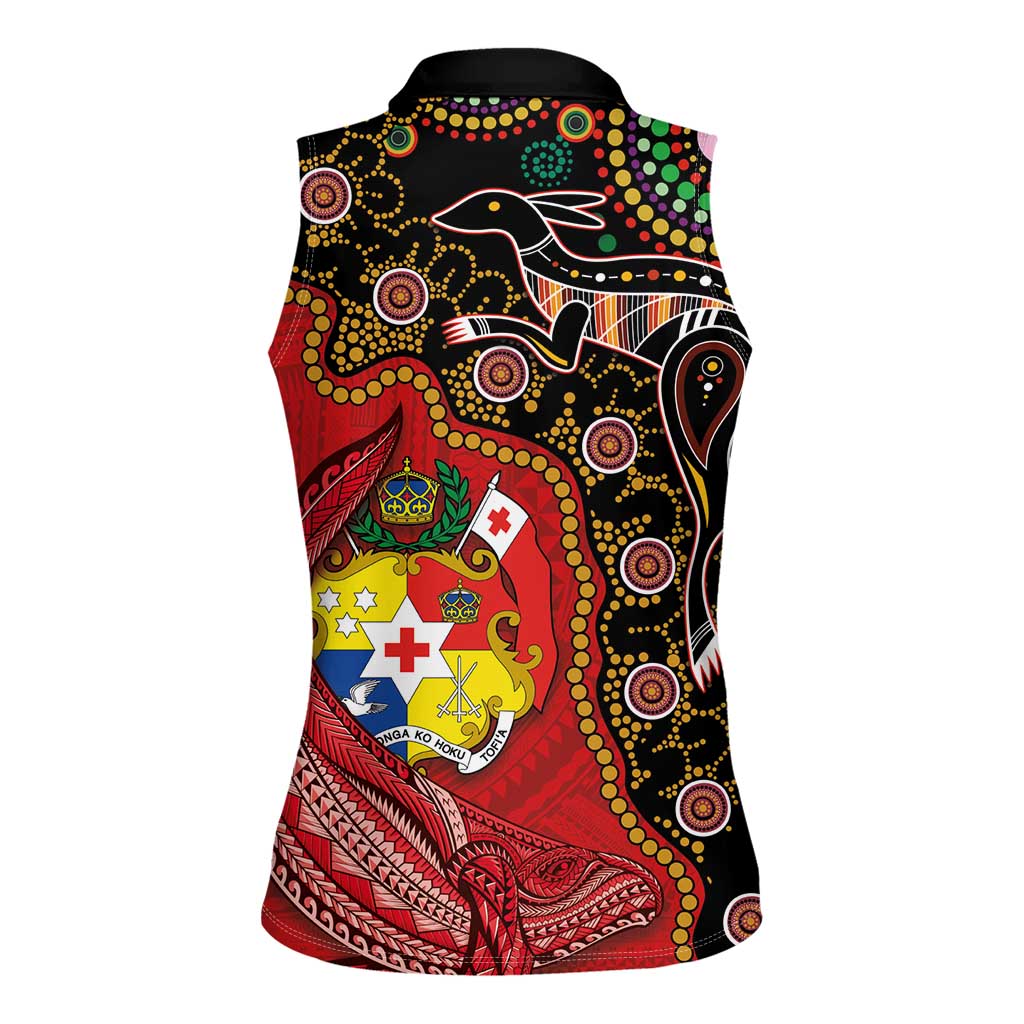Tonga Ngatu and Australia Together Women Sleeveless Polo Shirt Polynesian Humpback Whale and Aboriginal Kangaroo LT03 - Polynesian Pride