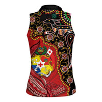 Tonga Ngatu and Australia Together Women Sleeveless Polo Shirt Polynesian Humpback Whale and Aboriginal Kangaroo LT03 - Polynesian Pride