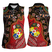 Tonga Ngatu and Australia Together Women Sleeveless Polo Shirt Polynesian Humpback Whale and Aboriginal Kangaroo LT03 - Polynesian Pride
