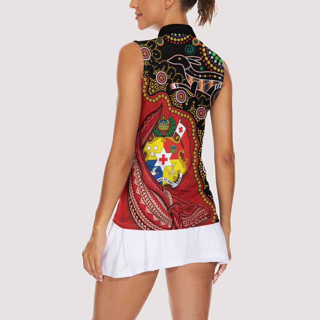 Tonga Ngatu and Australia Together Women Sleeveless Polo Shirt Polynesian Humpback Whale and Aboriginal Kangaroo LT03 - Polynesian Pride