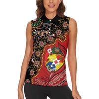 Tonga Ngatu and Australia Together Women Sleeveless Polo Shirt Polynesian Humpback Whale and Aboriginal Kangaroo LT03 - Polynesian Pride