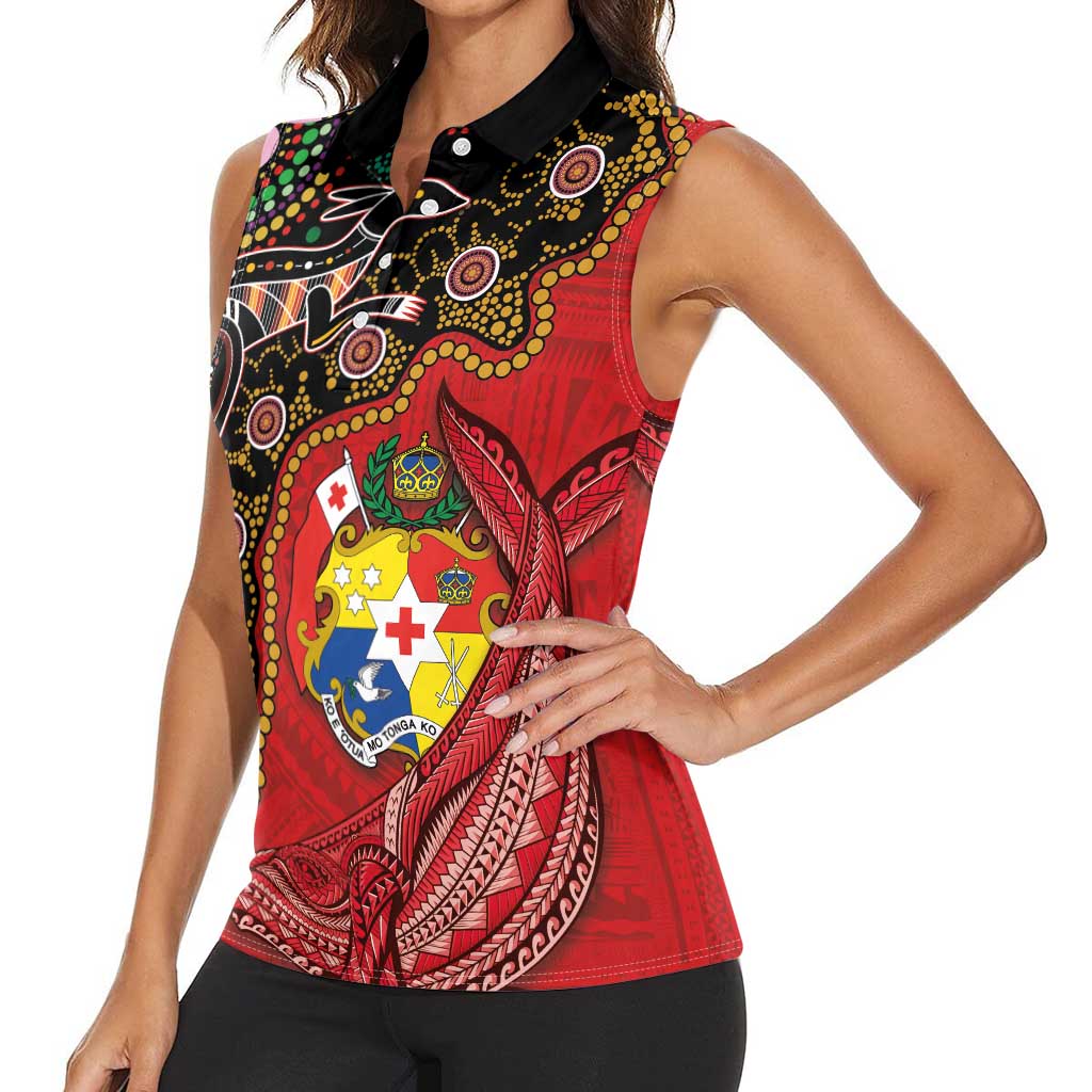 Tonga Ngatu and Australia Together Women Sleeveless Polo Shirt Polynesian Humpback Whale and Aboriginal Kangaroo LT03 - Polynesian Pride