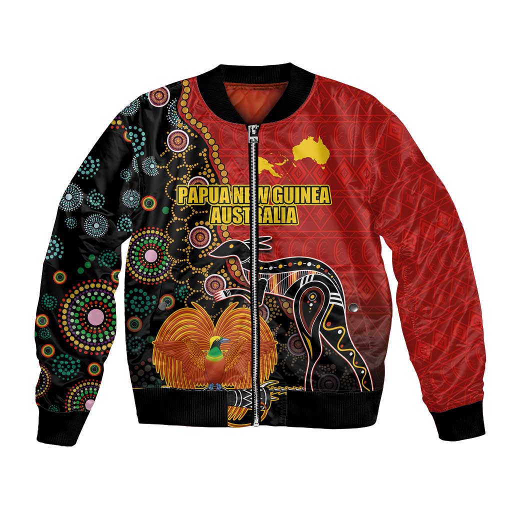 Personalised Papua New Guinea and Australia Together Bomber Jacket Bird-of-paradise and Kangaroo with Aboriginal Pattern LT03 Unisex Red - Polynesian Pride