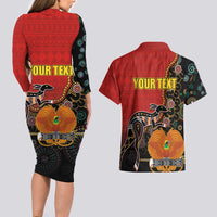 Personalised Papua New Guinea and Australia Together Couples Matching Long Sleeve Bodycon Dress and Hawaiian Shirt Bird-of-paradise and Kangaroo with Aboriginal Pattern LT03 - Polynesian Pride