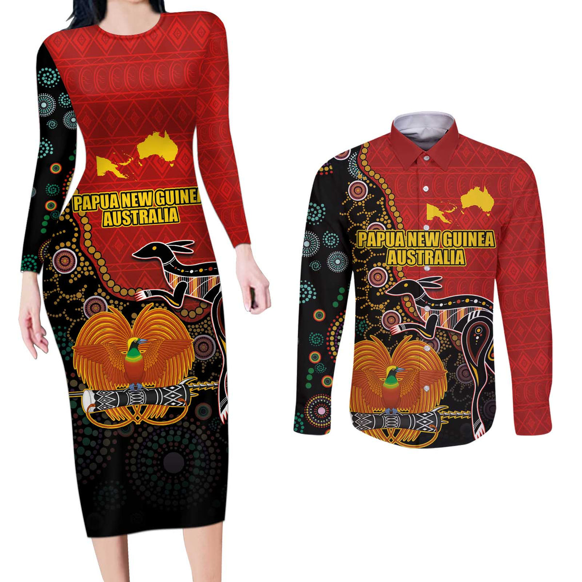 Personalised Papua New Guinea and Australia Together Couples Matching Long Sleeve Bodycon Dress and Long Sleeve Button Shirt Bird-of-paradise and Kangaroo with Aboriginal Pattern LT03 Red - Polynesian Pride