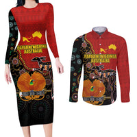 Personalised Papua New Guinea and Australia Together Couples Matching Long Sleeve Bodycon Dress and Long Sleeve Button Shirt Bird-of-paradise and Kangaroo with Aboriginal Pattern LT03 Red - Polynesian Pride