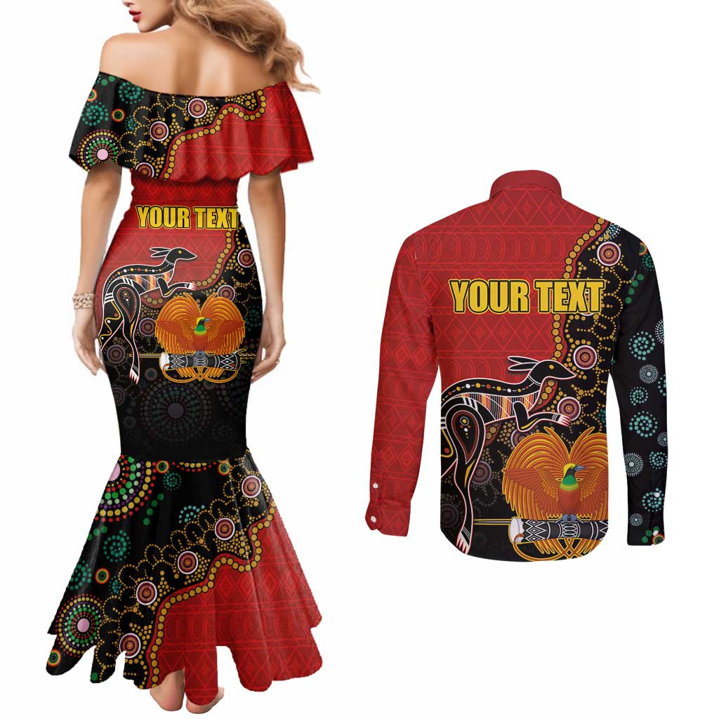 Personalised Papua New Guinea and Australia Together Couples Matching Mermaid Dress and Long Sleeve Button Shirt Bird-of-paradise and Kangaroo with Aboriginal Pattern LT03 - Polynesian Pride