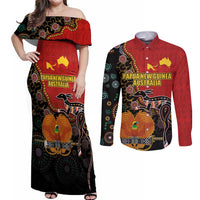 Personalised Papua New Guinea and Australia Together Couples Matching Off Shoulder Maxi Dress and Long Sleeve Button Shirt Bird-of-paradise and Kangaroo with Aboriginal Pattern LT03 Red - Polynesian Pride