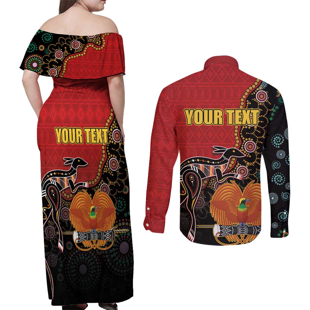 Personalised Papua New Guinea and Australia Together Couples Matching Off Shoulder Maxi Dress and Long Sleeve Button Shirt Bird-of-paradise and Kangaroo with Aboriginal Pattern LT03 - Polynesian Pride