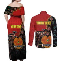 Personalised Papua New Guinea and Australia Together Couples Matching Off Shoulder Maxi Dress and Long Sleeve Button Shirt Bird-of-paradise and Kangaroo with Aboriginal Pattern LT03 - Polynesian Pride