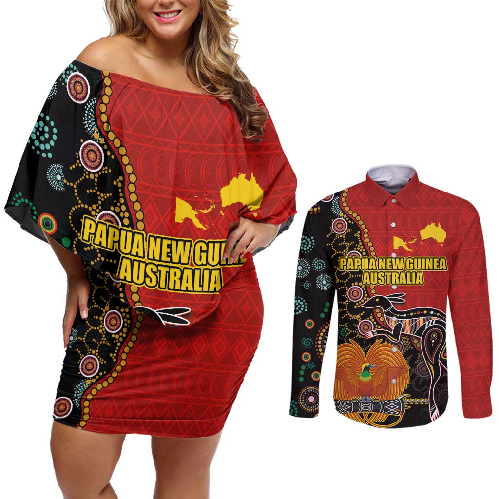 Personalised Papua New Guinea and Australia Together Couples Matching Off Shoulder Short Dress and Long Sleeve Button Shirt Bird-of-paradise and Kangaroo with Aboriginal Pattern LT03 Red - Polynesian Pride