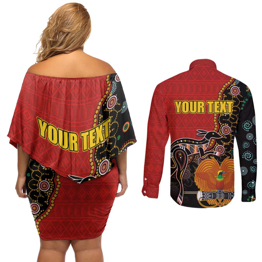 Personalised Papua New Guinea and Australia Together Couples Matching Off Shoulder Short Dress and Long Sleeve Button Shirt Bird-of-paradise and Kangaroo with Aboriginal Pattern LT03 - Polynesian Pride