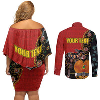 Personalised Papua New Guinea and Australia Together Couples Matching Off Shoulder Short Dress and Long Sleeve Button Shirt Bird-of-paradise and Kangaroo with Aboriginal Pattern LT03 - Polynesian Pride