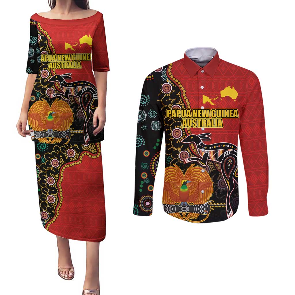 Personalised Papua New Guinea and Australia Together Couples Matching Puletasi and Long Sleeve Button Shirt Bird-of-paradise and Kangaroo with Aboriginal Pattern