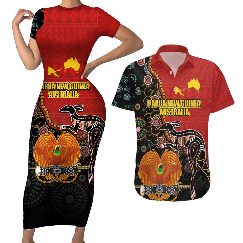 Personalised Papua New Guinea and Australia Together Couples Matching Short Sleeve Bodycon Dress and Hawaiian Shirt Bird-of-paradise and Kangaroo with Aboriginal Pattern LT03 Red - Polynesian Pride