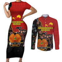 Personalised Papua New Guinea and Australia Together Couples Matching Short Sleeve Bodycon Dress and Long Sleeve Button Shirt Bird-of-paradise and Kangaroo with Aboriginal Pattern LT03 Red - Polynesian Pride