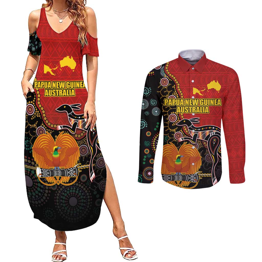 Personalised Papua New Guinea and Australia Together Couples Matching Summer Maxi Dress and Long Sleeve Button Shirt Bird-of-paradise and Kangaroo with Aboriginal Pattern LT03 Red - Polynesian Pride