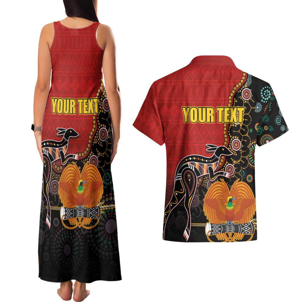 Personalised Papua New Guinea and Australia Together Couples Matching Tank Maxi Dress and Hawaiian Shirt Bird-of-paradise and Kangaroo with Aboriginal Pattern LT03 - Polynesian Pride