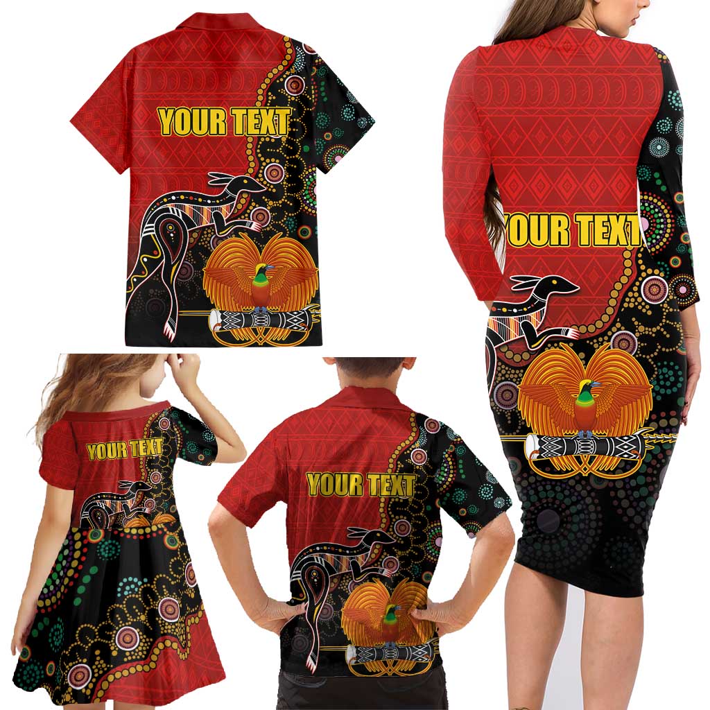 Personalised Papua New Guinea and Australia Together Family Matching Long Sleeve Bodycon Dress and Hawaiian Shirt Bird-of-paradise and Kangaroo with Aboriginal Pattern LT03 - Polynesian Pride