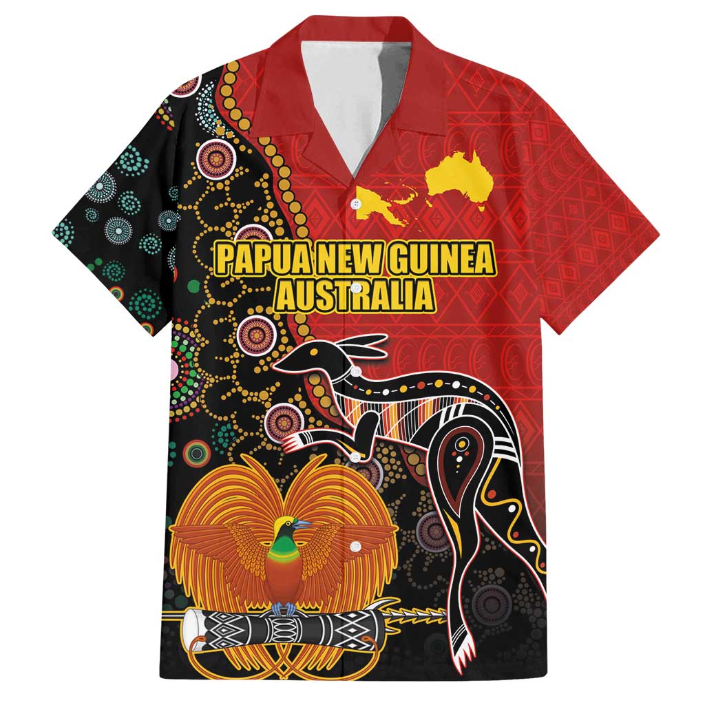 Personalised Papua New Guinea and Australia Together Family Matching Long Sleeve Bodycon Dress and Hawaiian Shirt Bird-of-paradise and Kangaroo with Aboriginal Pattern LT03 Dad's Shirt - Short Sleeve Red - Polynesian Pride