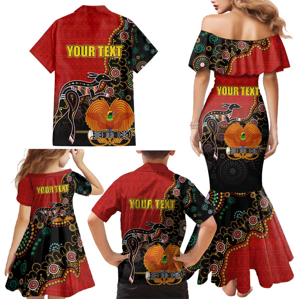 Personalised Papua New Guinea and Australia Together Family Matching Mermaid Dress and Hawaiian Shirt Bird-of-paradise and Kangaroo with Aboriginal Pattern LT03 - Polynesian Pride