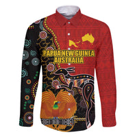 Personalised Papua New Guinea and Australia Together Family Matching Off The Shoulder Long Sleeve Dress and Hawaiian Shirt Bird-of-paradise and Kangaroo with Aboriginal Pattern LT03 Dad's Shirt - Long Sleeve Red - Polynesian Pride