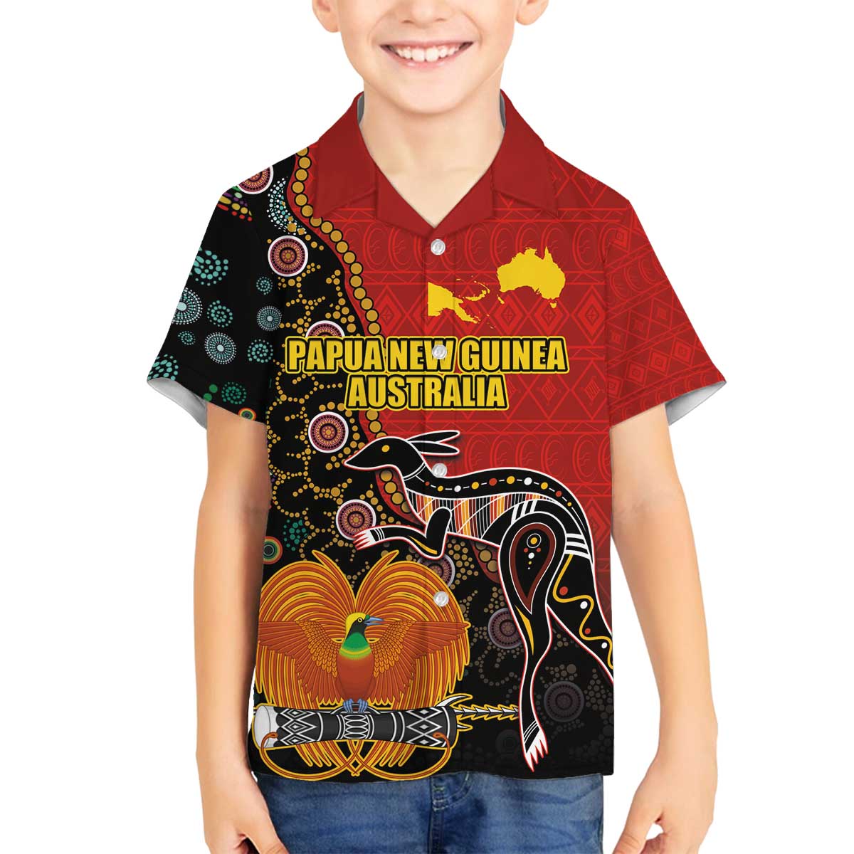 Personalised Papua New Guinea and Australia Together Family Matching Off The Shoulder Long Sleeve Dress and Hawaiian Shirt Bird-of-paradise and Kangaroo with Aboriginal Pattern LT03 Son's Shirt Red - Polynesian Pride