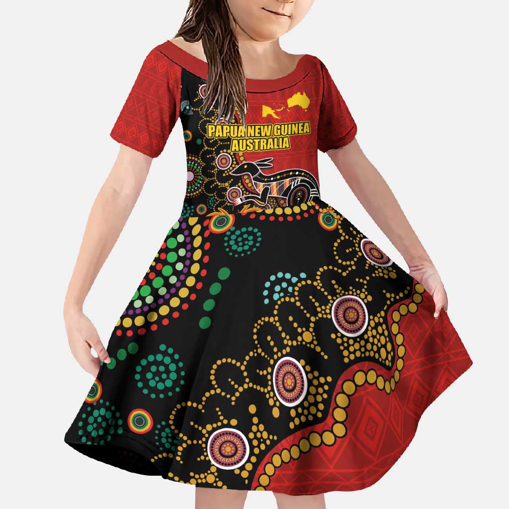 Personalised Papua New Guinea and Australia Together Family Matching Off Shoulder Maxi Dress and Hawaiian Shirt Bird-of-paradise and Kangaroo with Aboriginal Pattern LT03 Daughter's Dress Red - Polynesian Pride