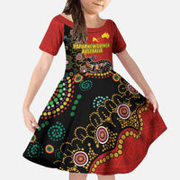 Personalised Papua New Guinea and Australia Together Family Matching Off Shoulder Maxi Dress and Hawaiian Shirt Bird-of-paradise and Kangaroo with Aboriginal Pattern LT03 Daughter's Dress Red - Polynesian Pride