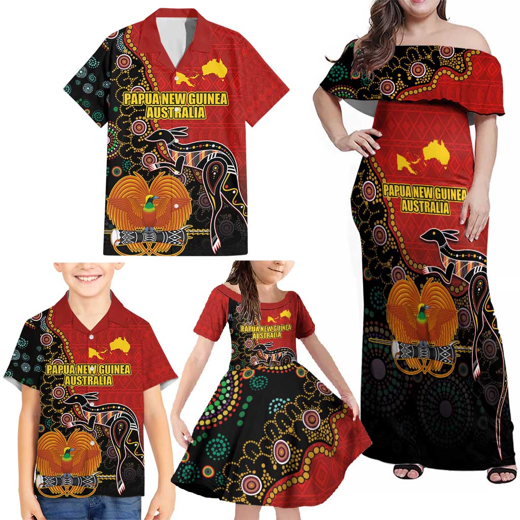 Personalised Papua New Guinea and Australia Together Family Matching Off Shoulder Maxi Dress and Hawaiian Shirt Bird-of-paradise and Kangaroo with Aboriginal Pattern LT03 - Polynesian Pride
