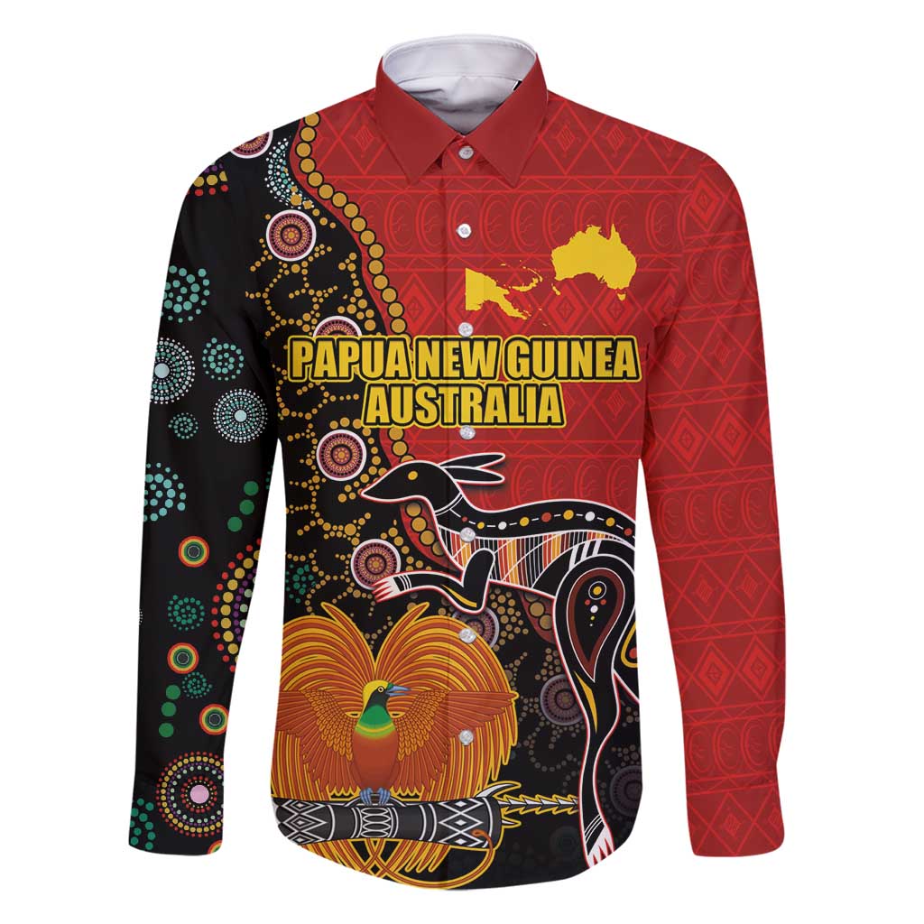 Personalised Papua New Guinea and Australia Together Family Matching Off Shoulder Maxi Dress and Hawaiian Shirt Bird-of-paradise and Kangaroo with Aboriginal Pattern LT03 Dad's Shirt - Long Sleeve Red - Polynesian Pride