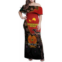 Personalised Papua New Guinea and Australia Together Family Matching Off Shoulder Maxi Dress and Hawaiian Shirt Bird-of-paradise and Kangaroo with Aboriginal Pattern LT03 Mom's Dress Red - Polynesian Pride