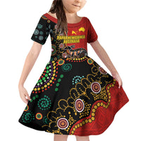 Personalised Papua New Guinea and Australia Together Family Matching Off Shoulder Short Dress and Hawaiian Shirt Bird-of-paradise and Kangaroo with Aboriginal Pattern LT03 Daughter's Dress Red - Polynesian Pride