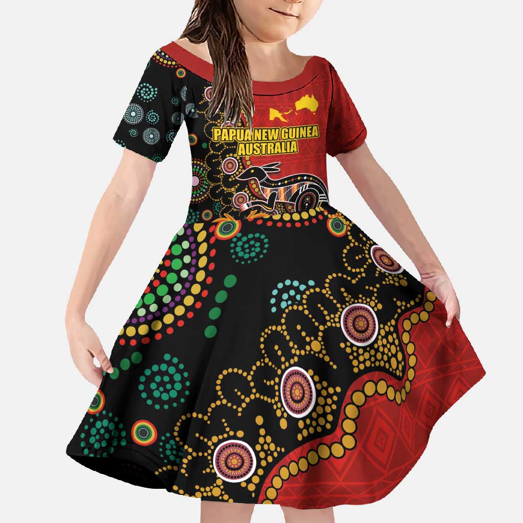 Personalised Papua New Guinea and Australia Together Family Matching Short Sleeve Bodycon Dress and Hawaiian Shirt Bird-of-paradise and Kangaroo with Aboriginal Pattern LT03 Daughter's Dress Red - Polynesian Pride
