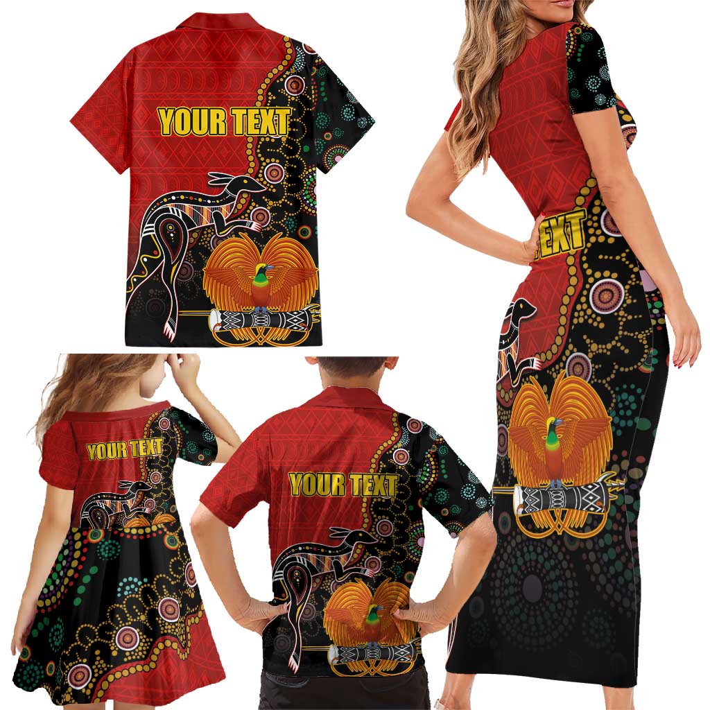 Personalised Papua New Guinea and Australia Together Family Matching Short Sleeve Bodycon Dress and Hawaiian Shirt Bird-of-paradise and Kangaroo with Aboriginal Pattern LT03 - Polynesian Pride