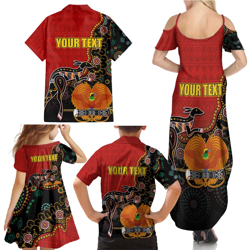 Personalised Papua New Guinea and Australia Together Family Matching Summer Maxi Dress and Hawaiian Shirt Bird-of-paradise and Kangaroo with Aboriginal Pattern LT03 - Polynesian Pride