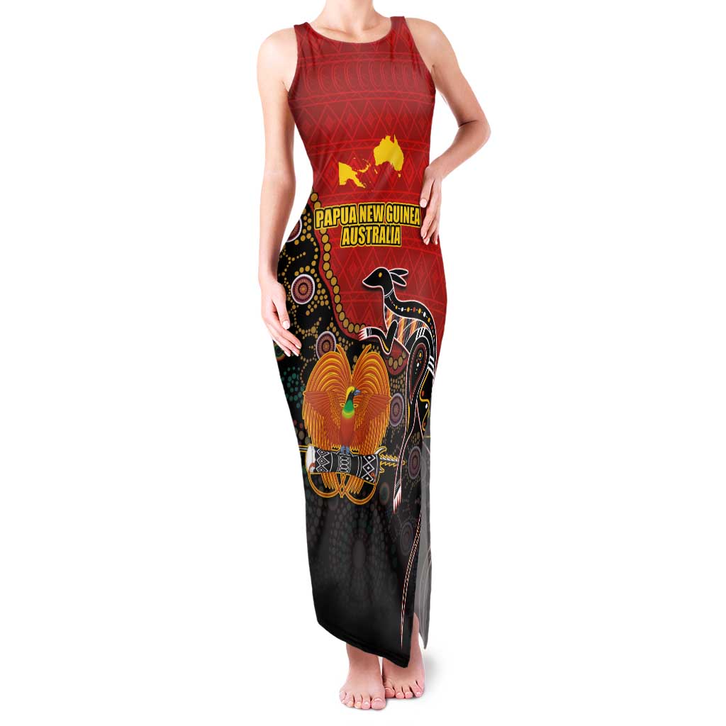 Personalised Papua New Guinea and Australia Together Family Matching Tank Maxi Dress and Hawaiian Shirt Bird-of-paradise and Kangaroo with Aboriginal Pattern LT03 Mom's Dress Red - Polynesian Pride