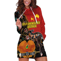 Personalised Papua New Guinea and Australia Together Hoodie Dress Bird-of-paradise and Kangaroo with Aboriginal Pattern LT03 Red - Polynesian Pride