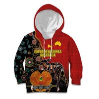 Personalised Papua New Guinea and Australia Together Kid Hoodie Bird-of-paradise and Kangaroo with Aboriginal Pattern LT03 Hoodie Red - Polynesian Pride