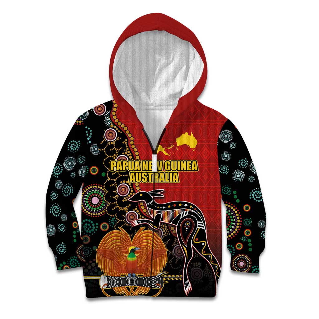 Personalised Papua New Guinea and Australia Together Kid Hoodie Bird-of-paradise and Kangaroo with Aboriginal Pattern LT03 Zip Hoodie Red - Polynesian Pride