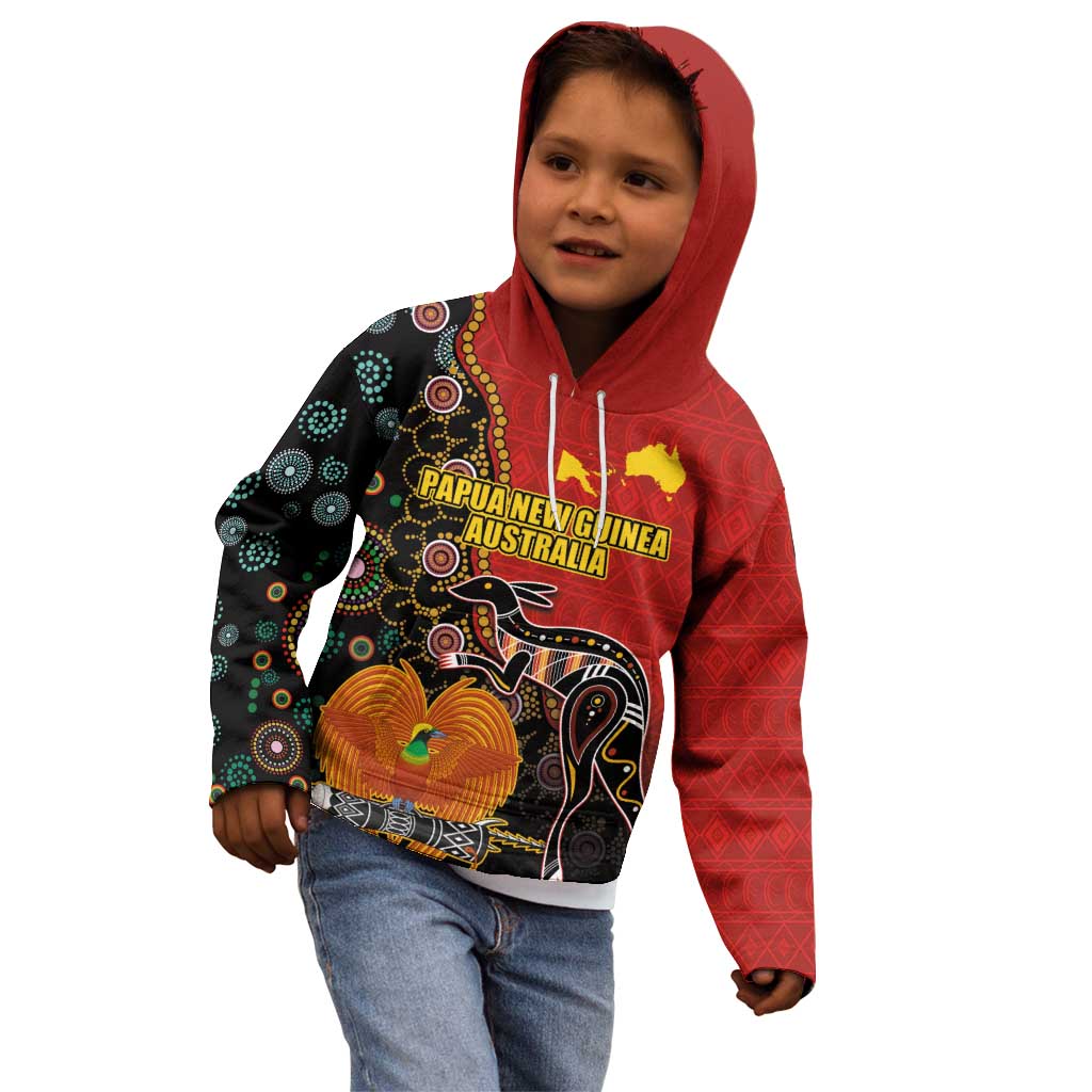 Personalised Papua New Guinea and Australia Together Kid Hoodie Bird-of-paradise and Kangaroo with Aboriginal Pattern LT03 - Polynesian Pride