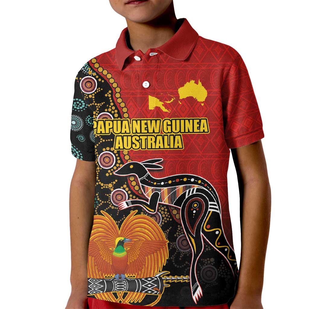 Personalised Papua New Guinea and Australia Together Kid Polo Shirt Bird-of-paradise and Kangaroo with Aboriginal Pattern LT03 Kid Red - Polynesian Pride