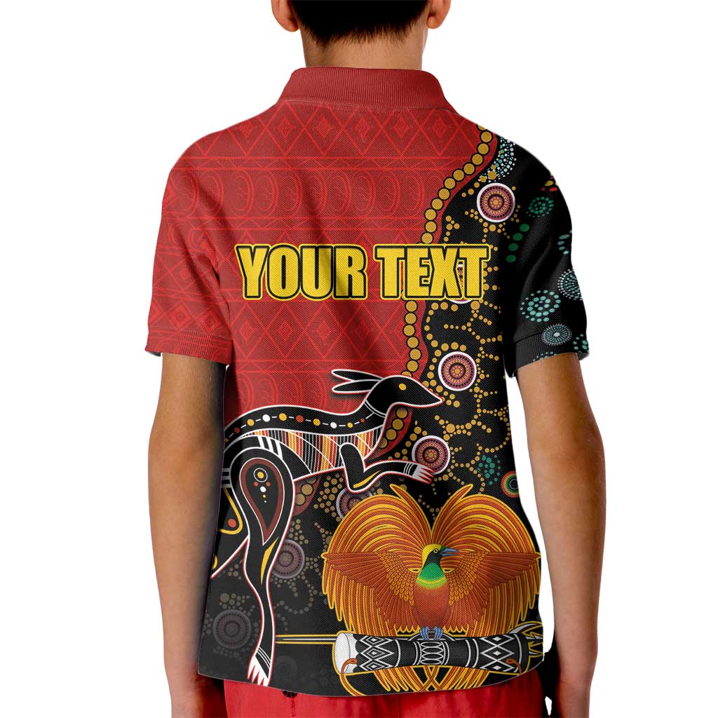 Personalised Papua New Guinea and Australia Together Kid Polo Shirt Bird-of-paradise and Kangaroo with Aboriginal Pattern LT03 - Polynesian Pride