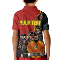Personalised Papua New Guinea and Australia Together Kid Polo Shirt Bird-of-paradise and Kangaroo with Aboriginal Pattern LT03 - Polynesian Pride
