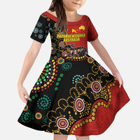 Personalised Papua New Guinea and Australia Together Kid Short Sleeve Dress Bird-of-paradise and Kangaroo with Aboriginal Pattern LT03 KID Red - Polynesian Pride