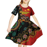 Personalised Papua New Guinea and Australia Together Kid Short Sleeve Dress Bird-of-paradise and Kangaroo with Aboriginal Pattern LT03 - Polynesian Pride