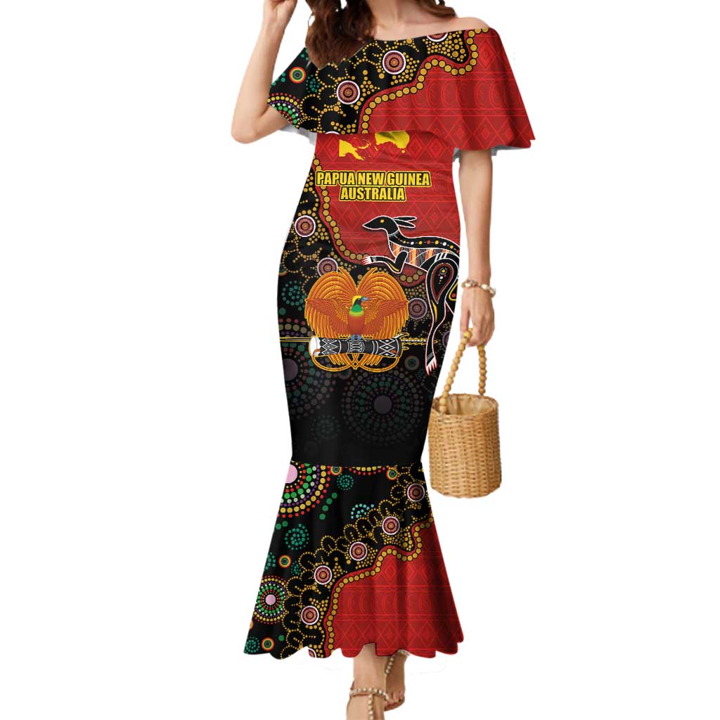 Personalised Papua New Guinea and Australia Together Mermaid Dress Bird-of-paradise and Kangaroo with Aboriginal Pattern LT03 Women Red - Polynesian Pride