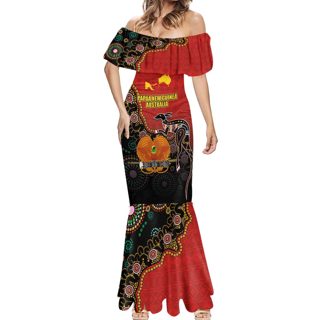 Personalised Papua New Guinea and Australia Together Mermaid Dress Bird-of-paradise and Kangaroo with Aboriginal Pattern LT03 - Polynesian Pride