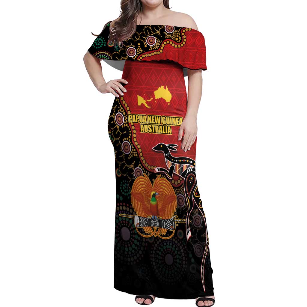 Personalised Papua New Guinea and Australia Together Off Shoulder Maxi Dress Bird-of-paradise and Kangaroo with Aboriginal Pattern LT03 Women Red - Polynesian Pride