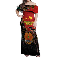 Personalised Papua New Guinea and Australia Together Off Shoulder Maxi Dress Bird-of-paradise and Kangaroo with Aboriginal Pattern LT03 Women Red - Polynesian Pride